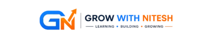 Grow With Nitesh logo featuring a modern GN monogram with a growth arrow in blue and orange, representing digital marketing, WordPress, and personal branding.